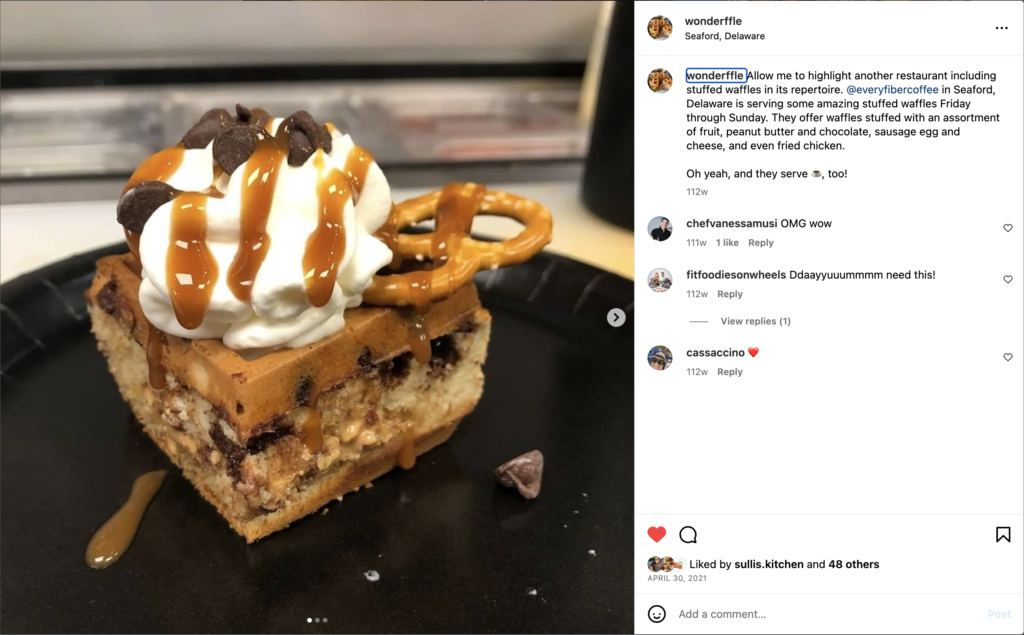 Wonderffle stuffed waffle maker. Part of a stuffed waffle with whipped cream, chocolate chips, a small pretzel & caramel drizzle on top. Black inventor Mike Bradford.