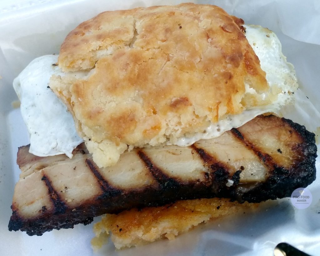 Pork belly biscuit with egg from Gatlin's BBQ, a Black owned restaurant.