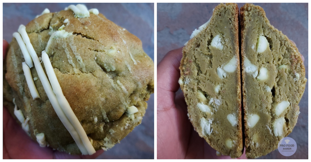 Matcha White Chocolate Truffle from Madison Square Bakery. Collage of two pictures. First picture is the whole truffle. The second picture is the truffle split in half so that you can see the white chocolate chips in the middle.