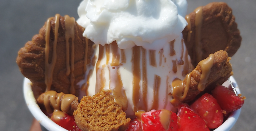 houston ice cream. Banana pudding with cookie butter, sliced strawberries and a dollop of whipped cream.