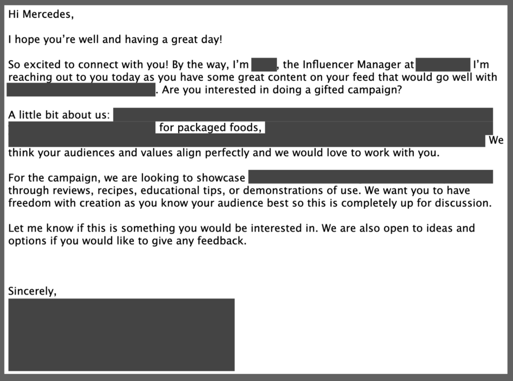 Gifted collaboration email from an Influencer Manager