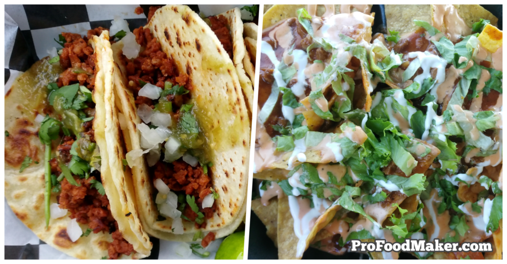 Black owned vegan restaurants in Houston. Vegan tacos on the left and vegan loaded nachos on the right from a vegan brunch spot.