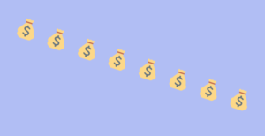 How to get funding for your business. Light purple background with several money bag emojis forming a diagonal across the image.