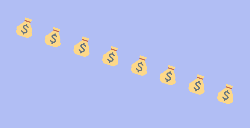 How to get funding for your business. Light purple background with several money bag emojis forming a diagonal across the image.