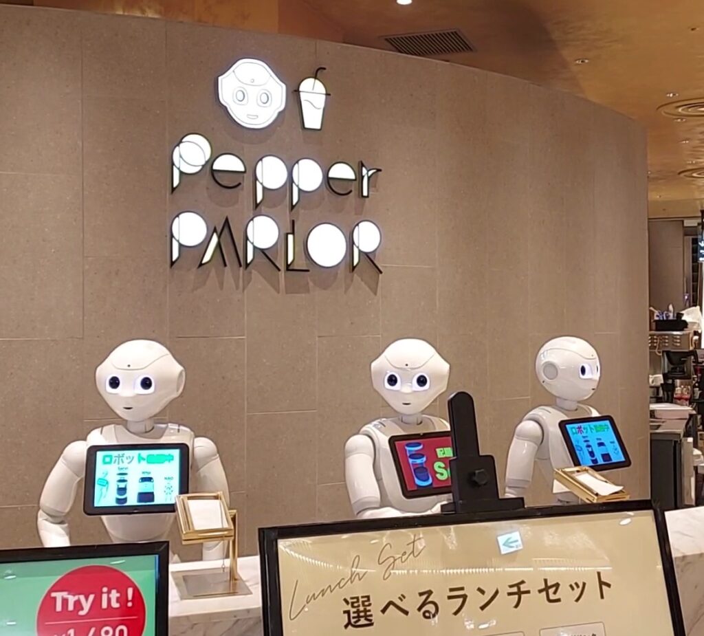 Pepper Parlor Tokyo front desk. Most popular robot restaurant.