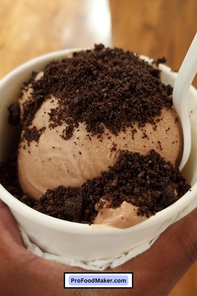 Solo Scoop Creamery vegan chocolate ice cream with oreo topping