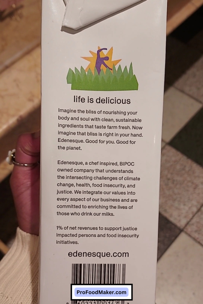 Vegan milk. One side of the milk carton.