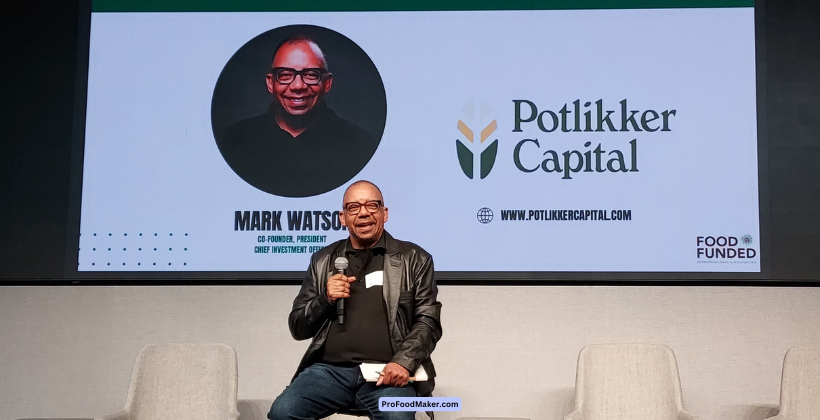 Potlikker Capital's Mark Watson gives the first keynote at Food Funded East 2024 at Civic Hall in NYC.