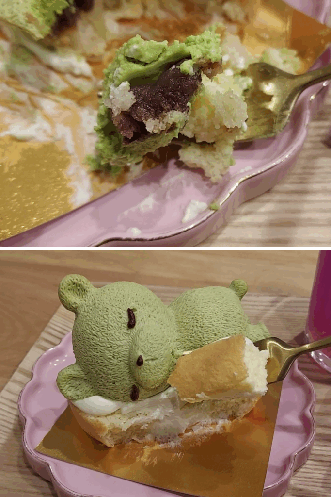 luna cafe organic green bear cake with cream and adzuki bean paste