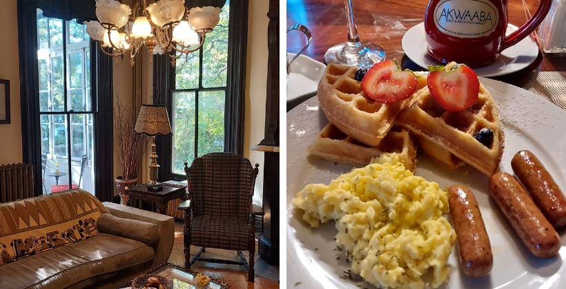 Two photos of Monique Greenwood's bed and breakfast. The photo on the left is of the living room with a sofa, chair, end table and chandelier. The photo on the right is a plate of waffles topped with fresh berries, three sausage links, scrambled eggs with a red mug of tea.