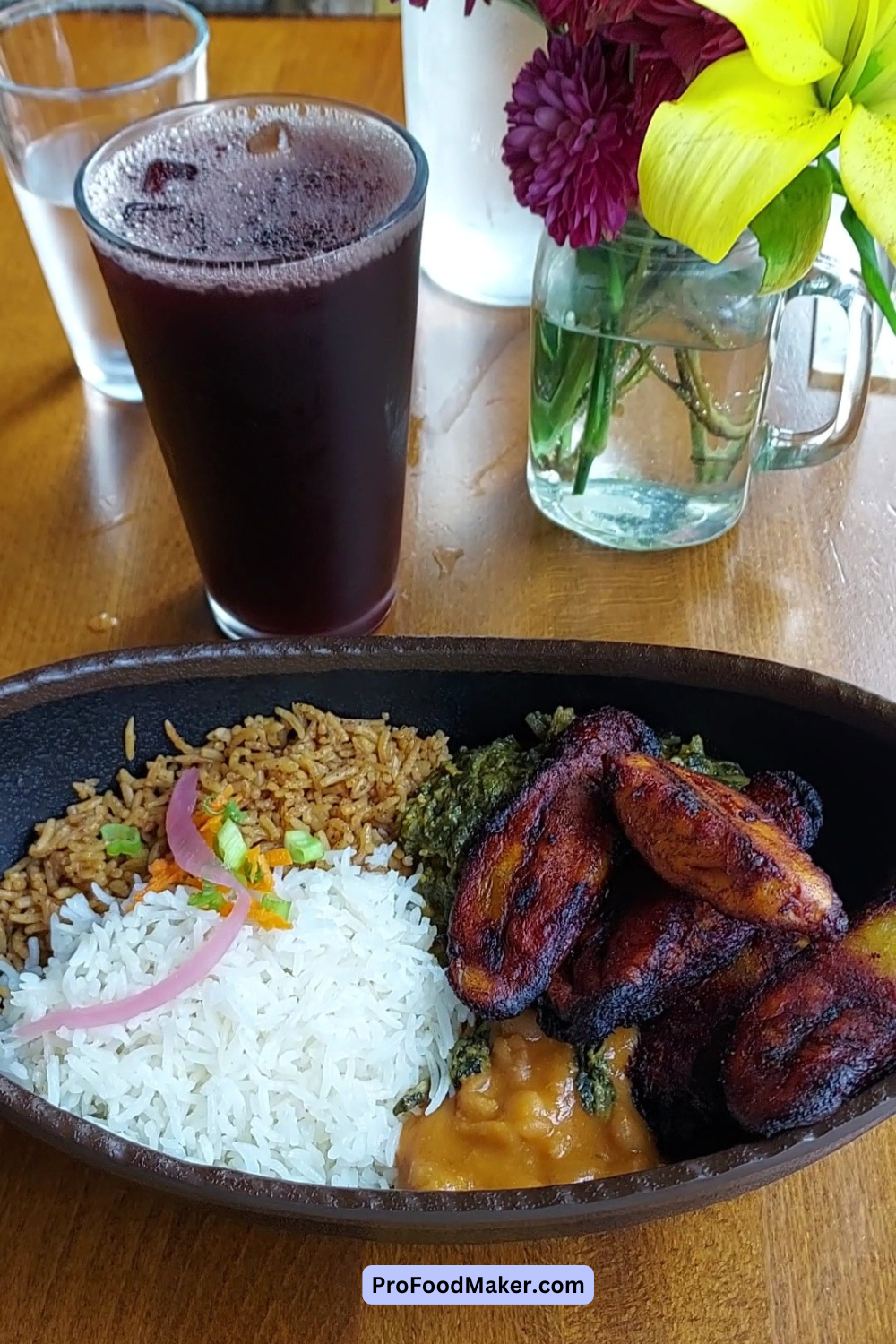 An East African dish with rice, yellow beans, plantains and spinach. 