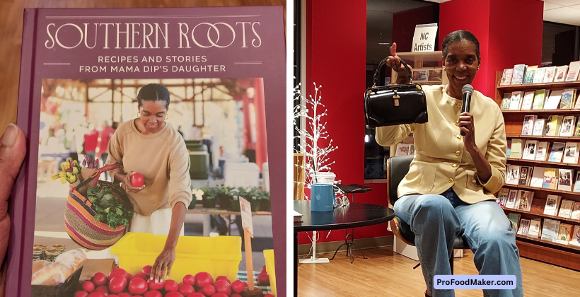 Author & Vintage Curator, Spring Council holds up a small black purse she found while thrifting.