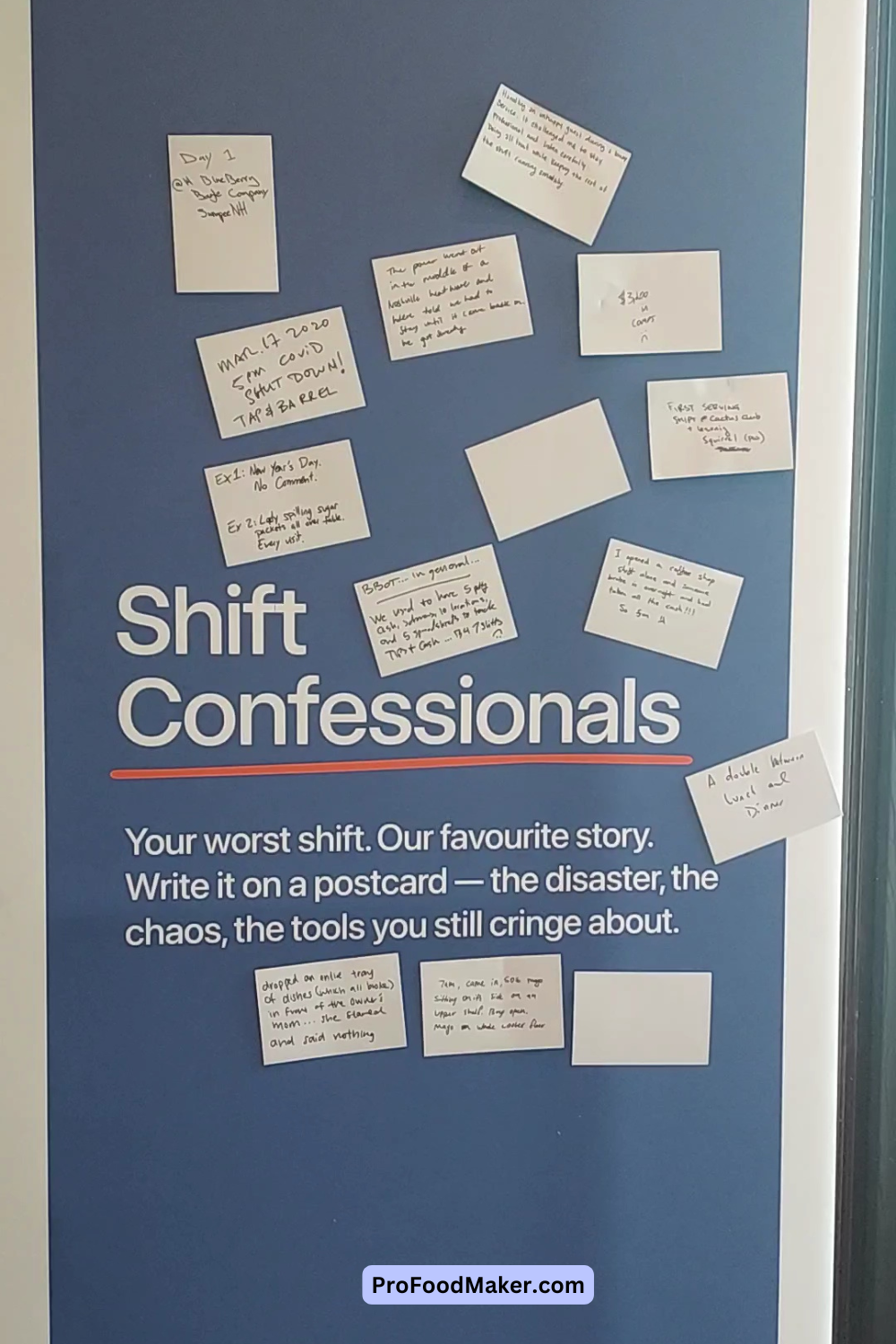 7shifts scheduling restaurant tech booth. The sign is blue and says, Shift Confessionals for people to write about their worst shifts.