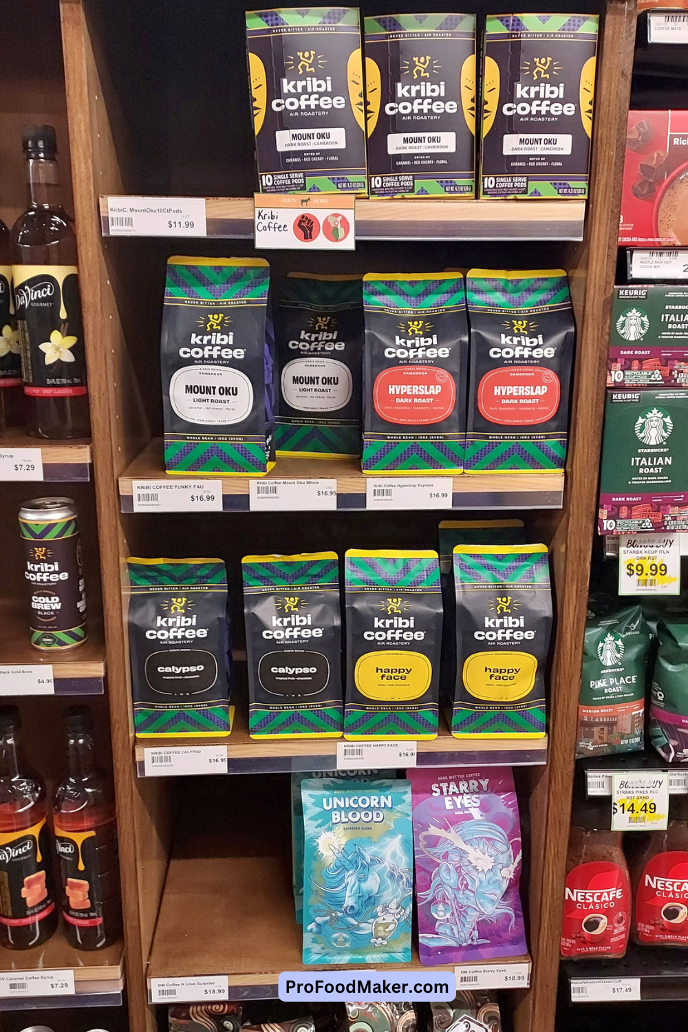 Black owned Kribi Coffee on three rows of a wood shelf