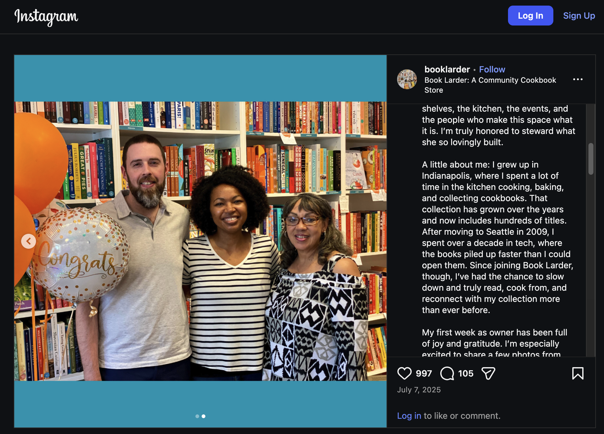 Screenshot of the Instagram post where the owner of Book Larder, Vivian Irving, introduces herself
