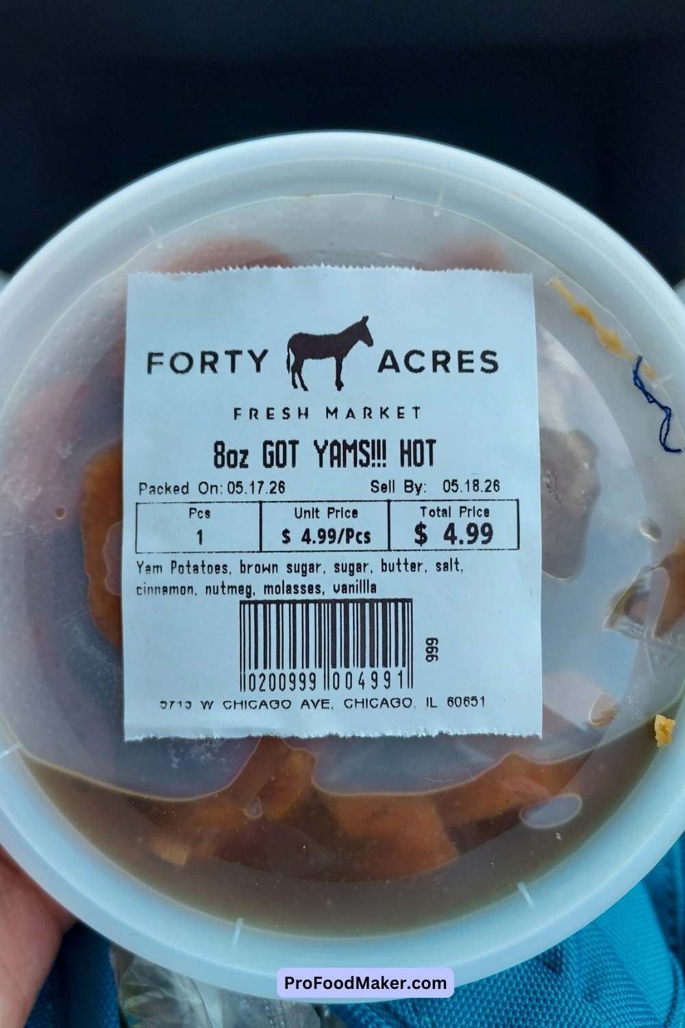 forty acres fresh market photos yams in an 8 oz plastic container with a large white label