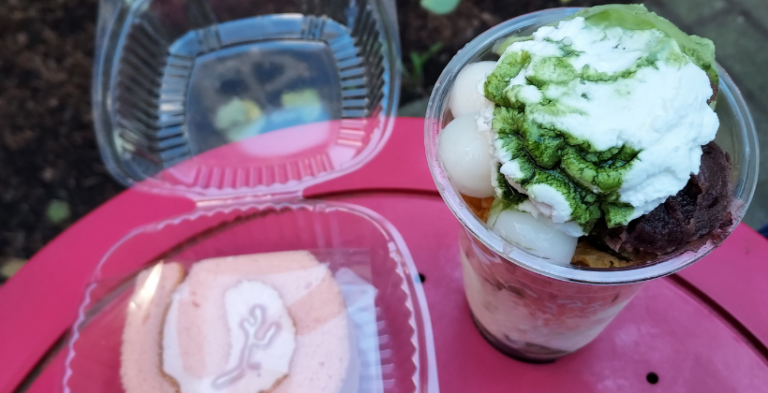matcha parfait and sakura roll cake