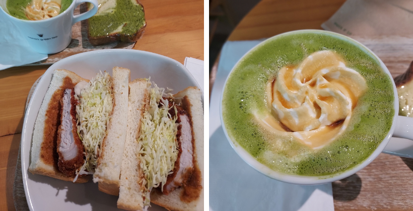 tonkatsu sandwich and matcha latte with whipped cream and caramel