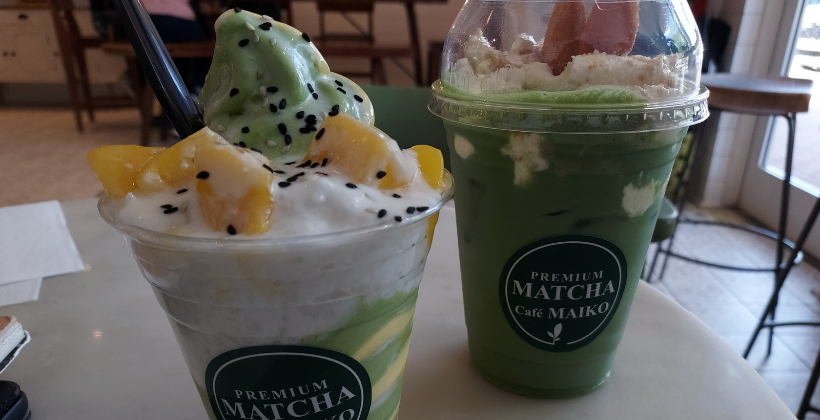 mango sticky rice parfait and banana pudding matcha latte